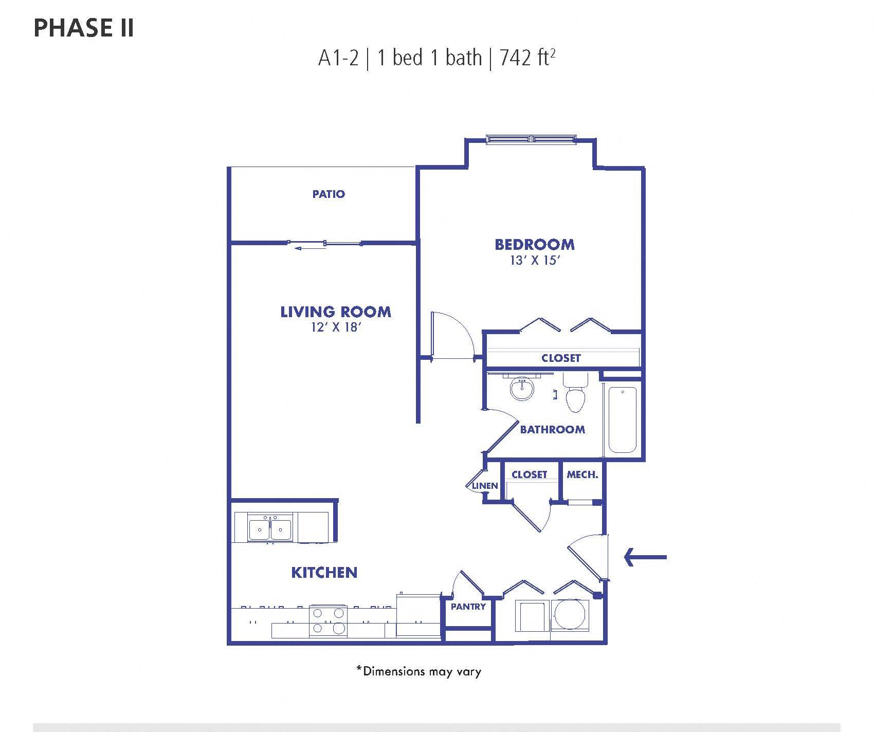 Floor plan for 1 bed, 1 bath, 749 sqft